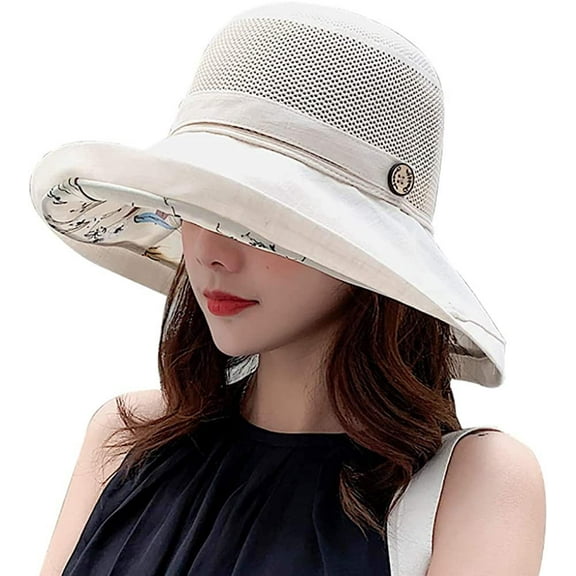 Summer Mesh Sun Hats for Women Lightweight Beach Hat Floral UPF50  Packable Wide Brim Bucket Hat with Chin Strap