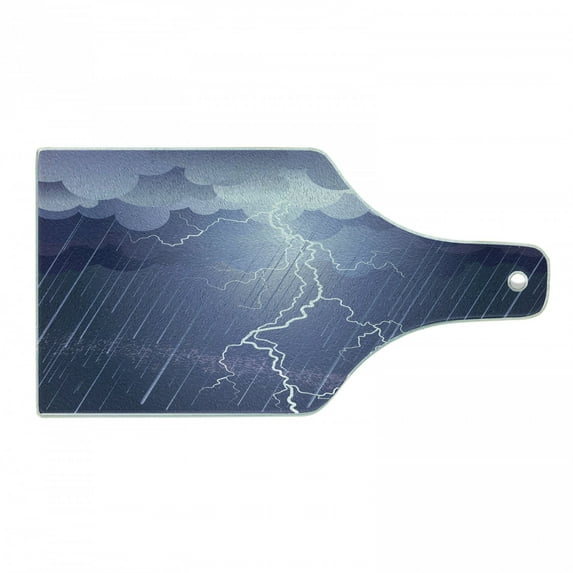 Night Cutting Board, Lightning Strike Thunderstorm in the Air at Dark Night Rainy Electric Force Bolts Image, Tempered Glass Cutting and Serving Board, Wine Bottle Shape, Blue, by Ambesonne
