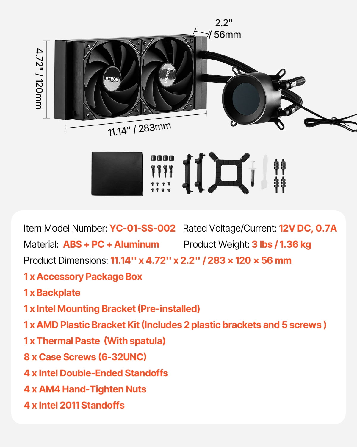 VEVOR CPU Liquid Cooler, AIO CPU Water Cooler - 120mm PWN Fans, Pump, 1.8'' Display, Max. 2200RPM CPU Cooling Fan, Efficient Black PC Water Cooler for Intel 115X/1366/2011/1700/1200, AMD AM4/AM5