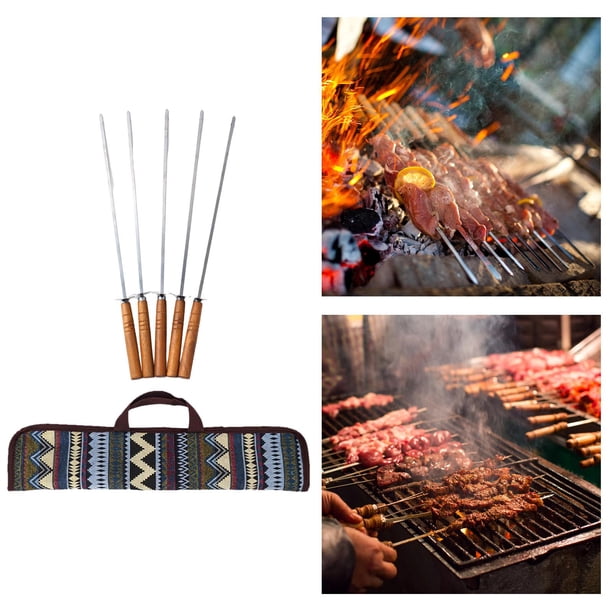 Juego De 7 Brochetas Planas De Acero Inoxidable Para Barbacoa - 60cm, Con Mango De Madera Y Bolsa De Cuero
