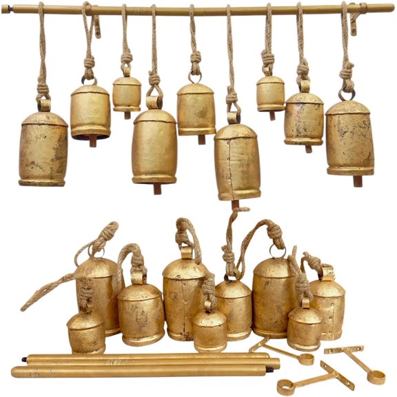 Set of 9 Large Decorative Metal Cowbells on Jute Rope with Rod – Tibetan Inspired Vintage Rustic Gold Christmas Hanging Bells