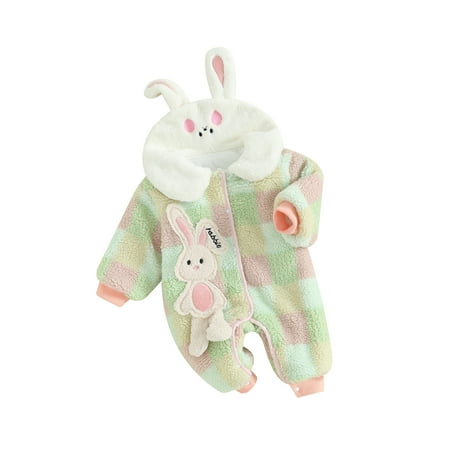 

Baby Girls Jumpsuit Rabbit Outfit Embroidery Button Up Plush Plaid Romper