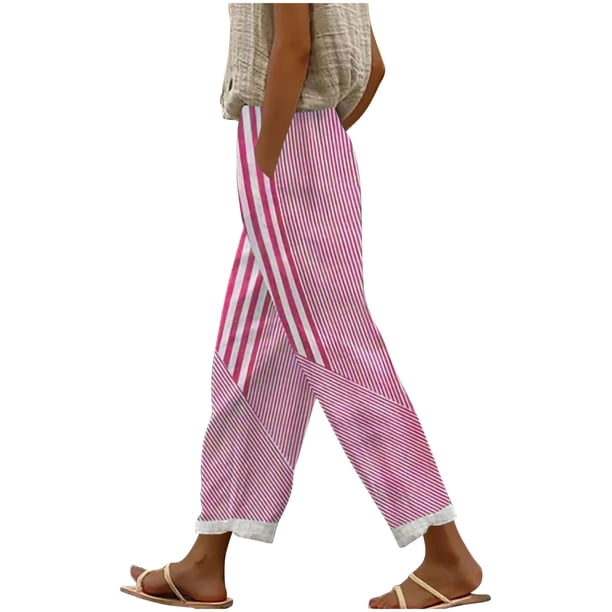 Amzcrzy Pantalones De Lino Mujer Capri Rayas Moda Pierna Recta Ligeros Holgados Casuales Playa Vacaciones Verano Con Bolsillos Tallas S-2XL Rosa