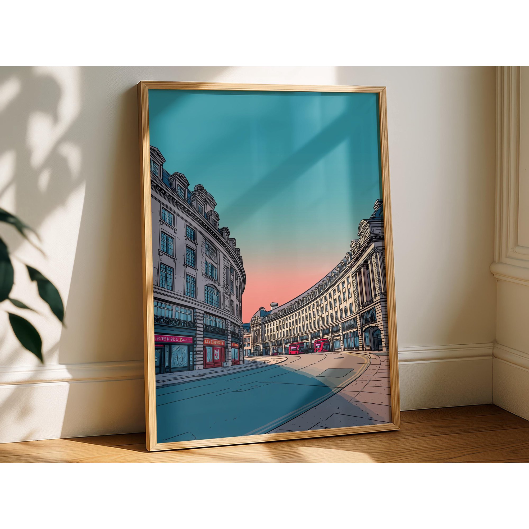 Piccadilly Circus Poster, Early Morning London Street Scene, Ligne Claire City Illustration, Minimal Urban Poster , Poster Print Only