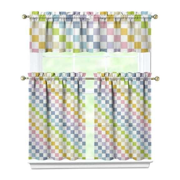 Kitchen Curtains Set Tier and Valance, Buffalo Plaid Pattern, Vintage Checkered Design, Retro Plaid, Abstract Colorful Checkered, Rustic Farmhouse Plaid Print Classic Red