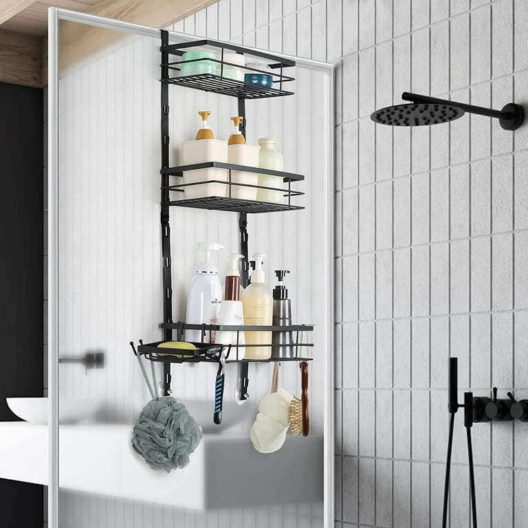 Oumilen Over The Door 3 Tier Shower Caddy, Adjustable Hanging Organizer with Suction Cup, Black - Black