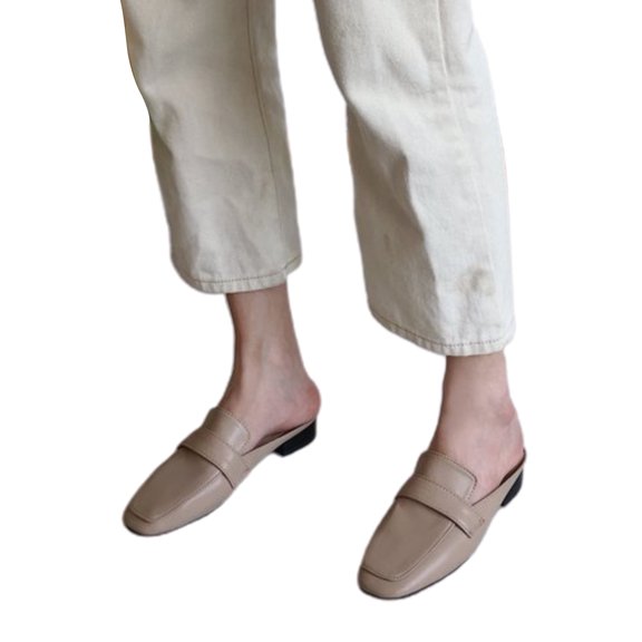 huanledash Casual Women Faux Leather Low Block Heel Mules Loafers Slip-on Shoes Slippers