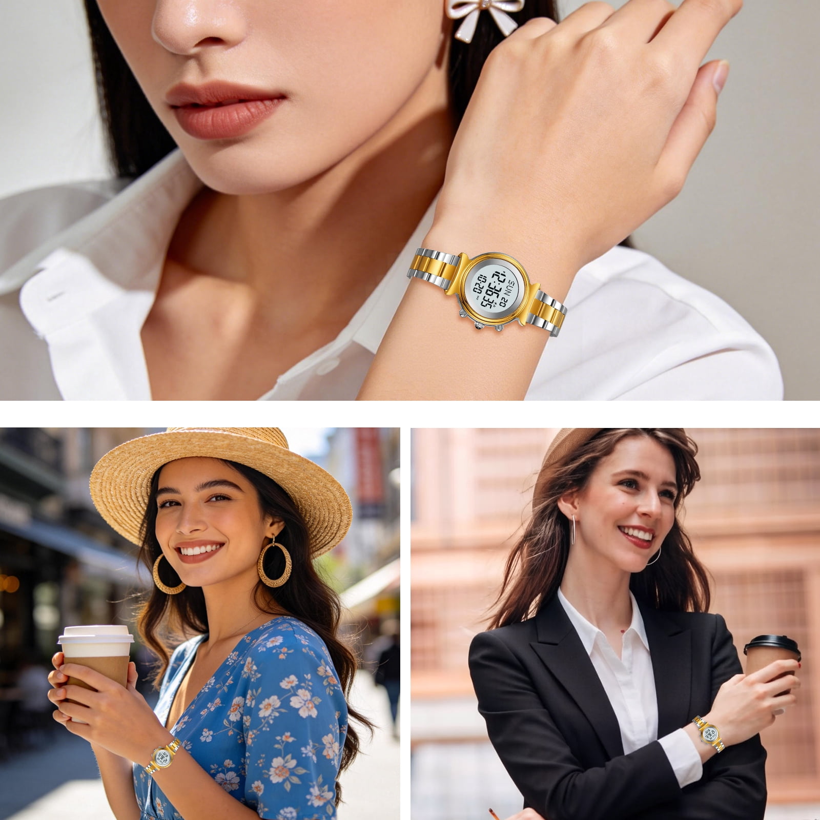 SKMEI Women Digital Watch Waterproof Dual Time Date LED Watch Ladies Business Wristwatch Stainless Steel Watch for Women