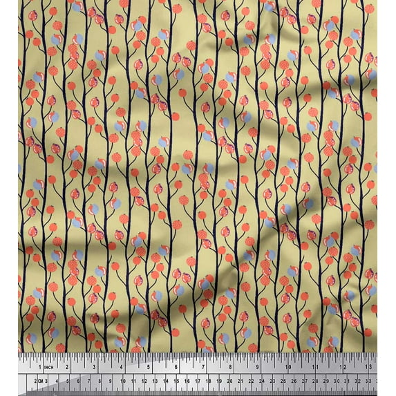 Soimoi Beige Rayon Fabric Branch & Red Berries Fruits Printed Craft Fabric by the Yard 56 Inch Wide
