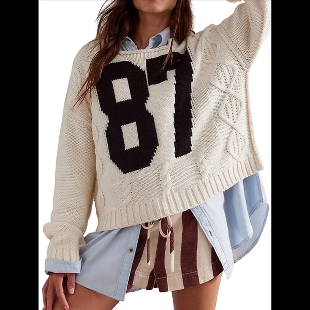 Suéter de Cuello Redondo con Estampado de Números de Crochet de Gran Tamaño para Mujer Y2K Albaricoque S