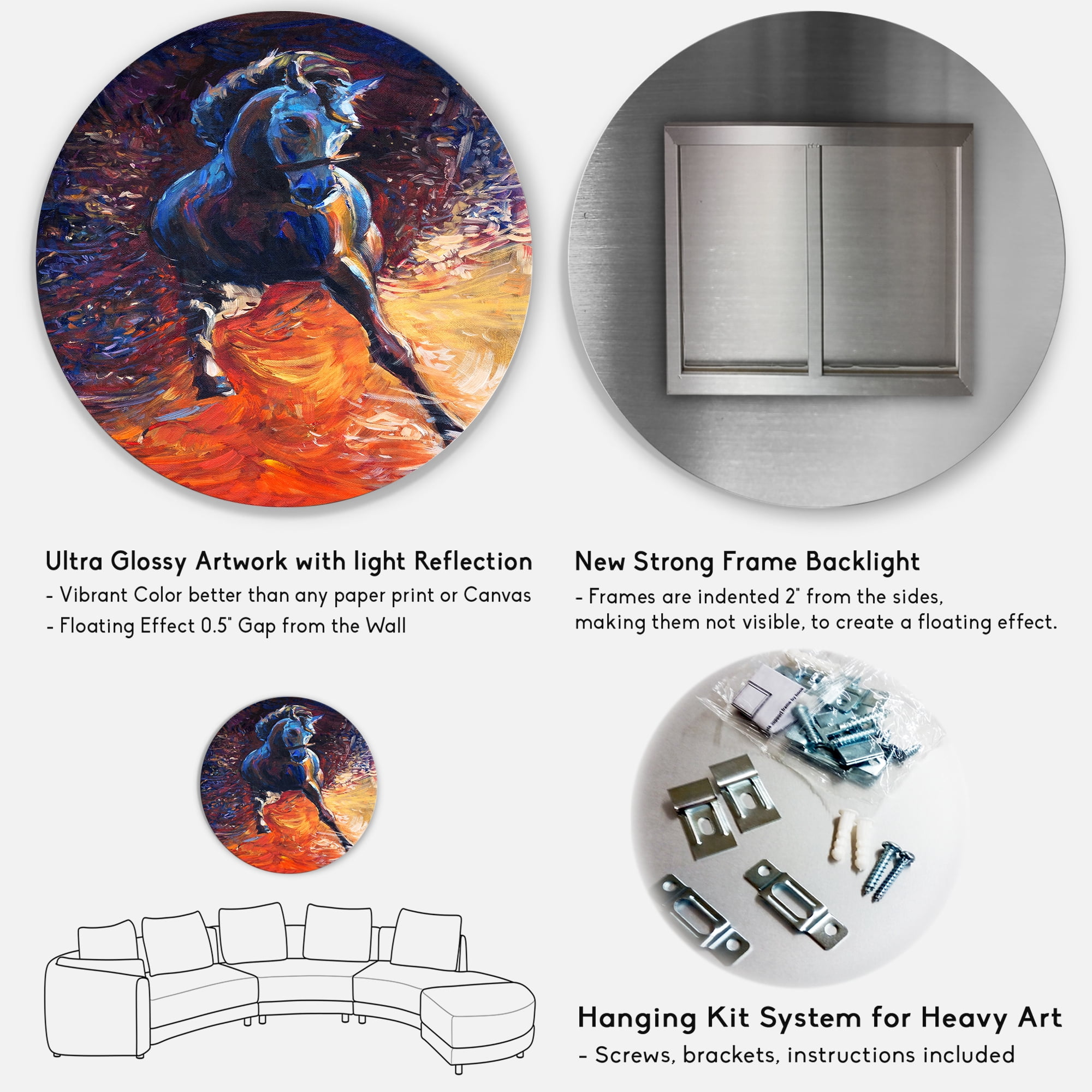 Designart 'Portrait Of A Galoping Blue Horse' Farmhouse Circle Metal Wall Art 29x29 - Disc of 29