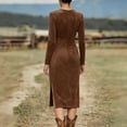 thumbnail image 4 of CIENVNSTG Dresses for Women Suede Retro Western Round Neck Slim Fit Long Sleeved Party Dress Brown L, 4 of 7