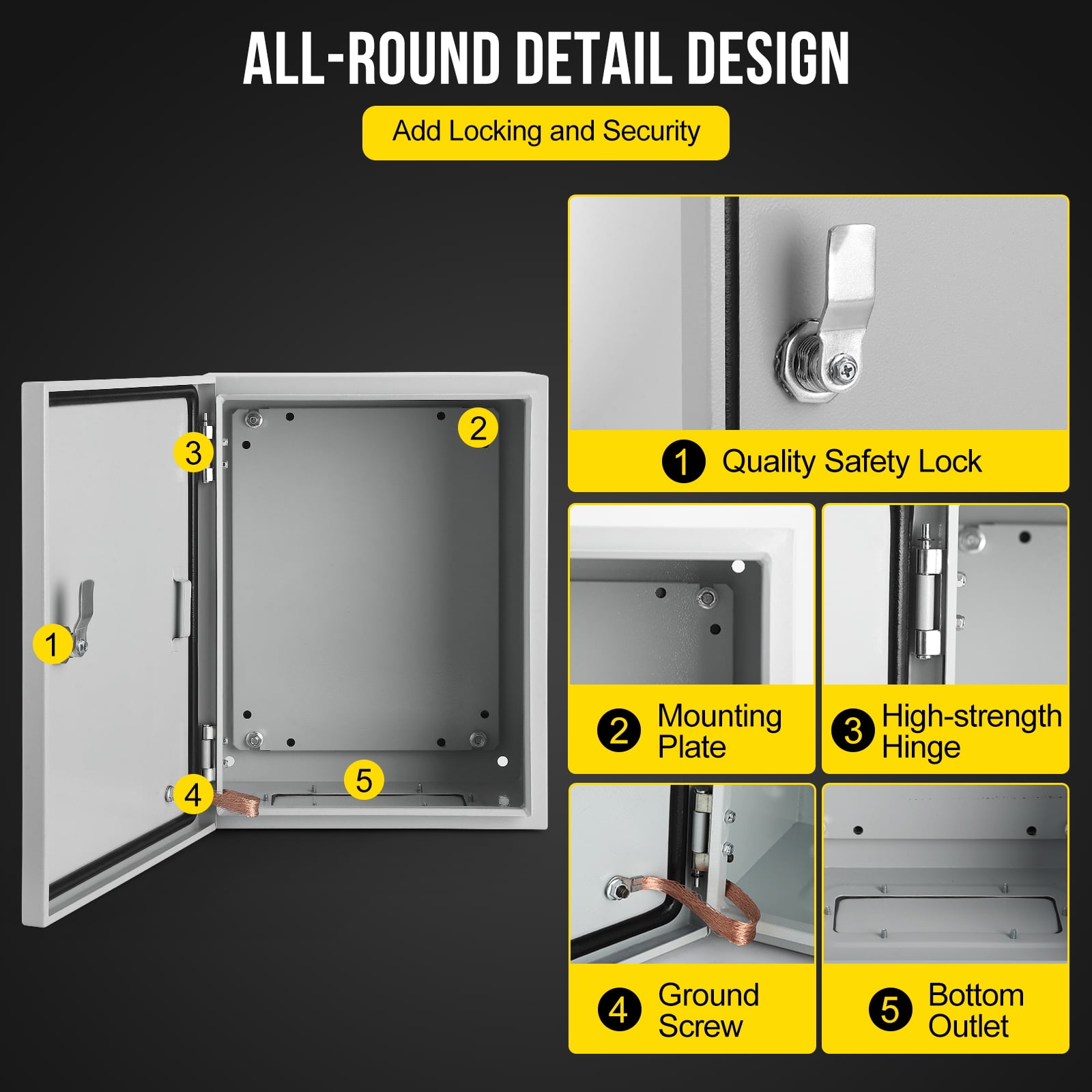 Junction Box, Steel Electrical Box, NEMA 4X Electrical Enclosure Box IP66 Waterproof & Dustproof, Universal Electrical Project Box with Lock & Mounting Plate