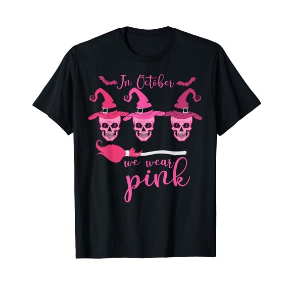 In October We Wear Pink Ribbon Witch Halloween Breast Cancer Black T-Shirt