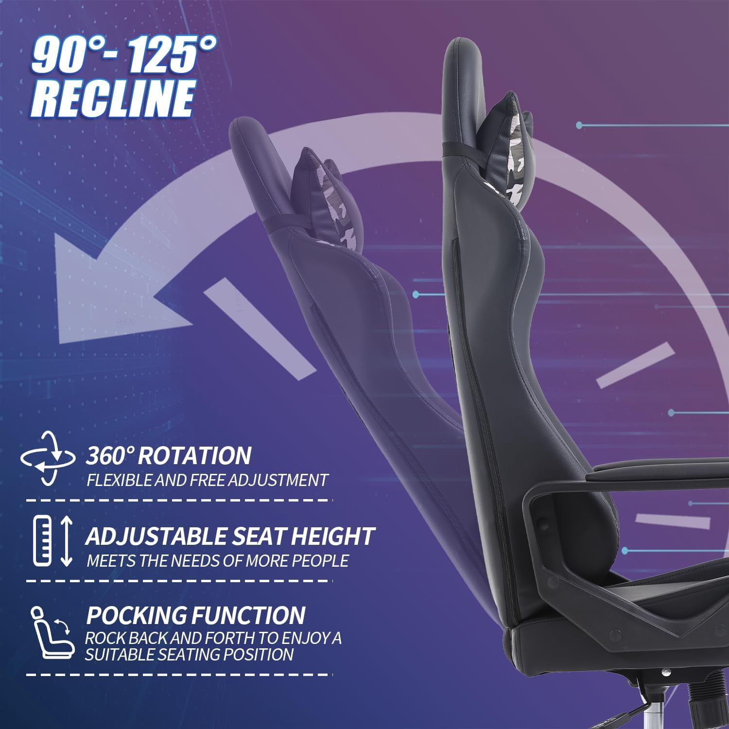 BIQWBIC Gaming Chair, High-Back Office Chair, Ergonomic Video Game Chairs with Adjustable Seat, Lumbar Support, Armrest, Headrest, Camo