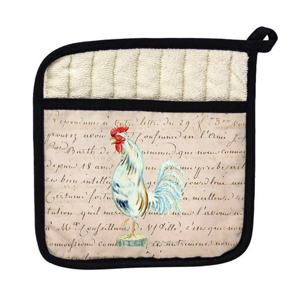 Betsy Drake PT133A White Rooster Beige Script Pot Holder