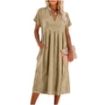 thumbnail image 6 of Kojanyu Women's Summer Fashion Solid Color V-Neck Short Sleeve Pocket Knee-Length Dress – Lightweight Casual Cotton-Like Polyester Midi Dress for Daily Wear, 6 of 6
