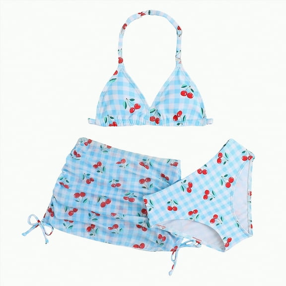 TOWED22 Girl's 3 Piece Swimsuit Sets Spaghetti Strap Bikini Swimsuit with Beach Skirt(Blue,7-8 Y)