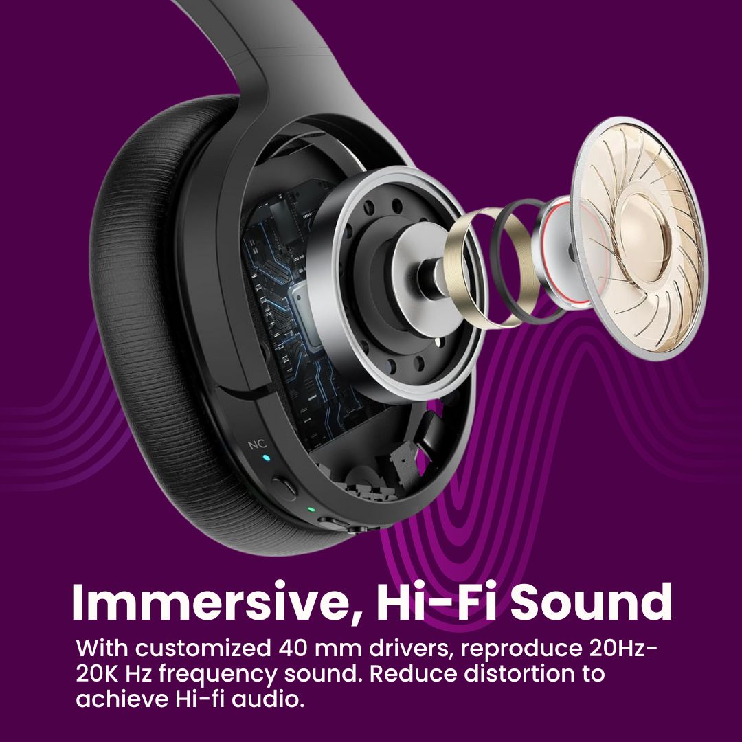 Jrumz Clarity CL01 Hybrid Active Noise Canceling Headphones With Travel Case, Wireless Over Ear Bluetooth Headphones, Deep Bass, Memory Foam Ear Pads, 40H Playtime for Home Office, Travel, Gym