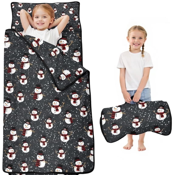 Black Christmas Snowman Pattern Toddler Nap Mats for Kids Preschool,50"x20" Sleeping Mat Bag or Kids,Toddler Sleeping Bag,Toddler Nap Mat or Daycare
