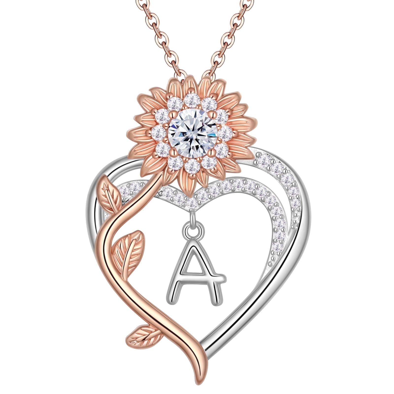 Jewmon Heart Initial Necklace for Women 14K Rose Gold Plated Love Heart Sunflower Pendant Necklace Birthday Graduation Jewelry Gifts for Her Mom Wife Girlfriend