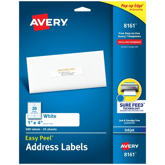 Avery Easy Peel Address Labels, 1" x 4", 500 Labels (8161)