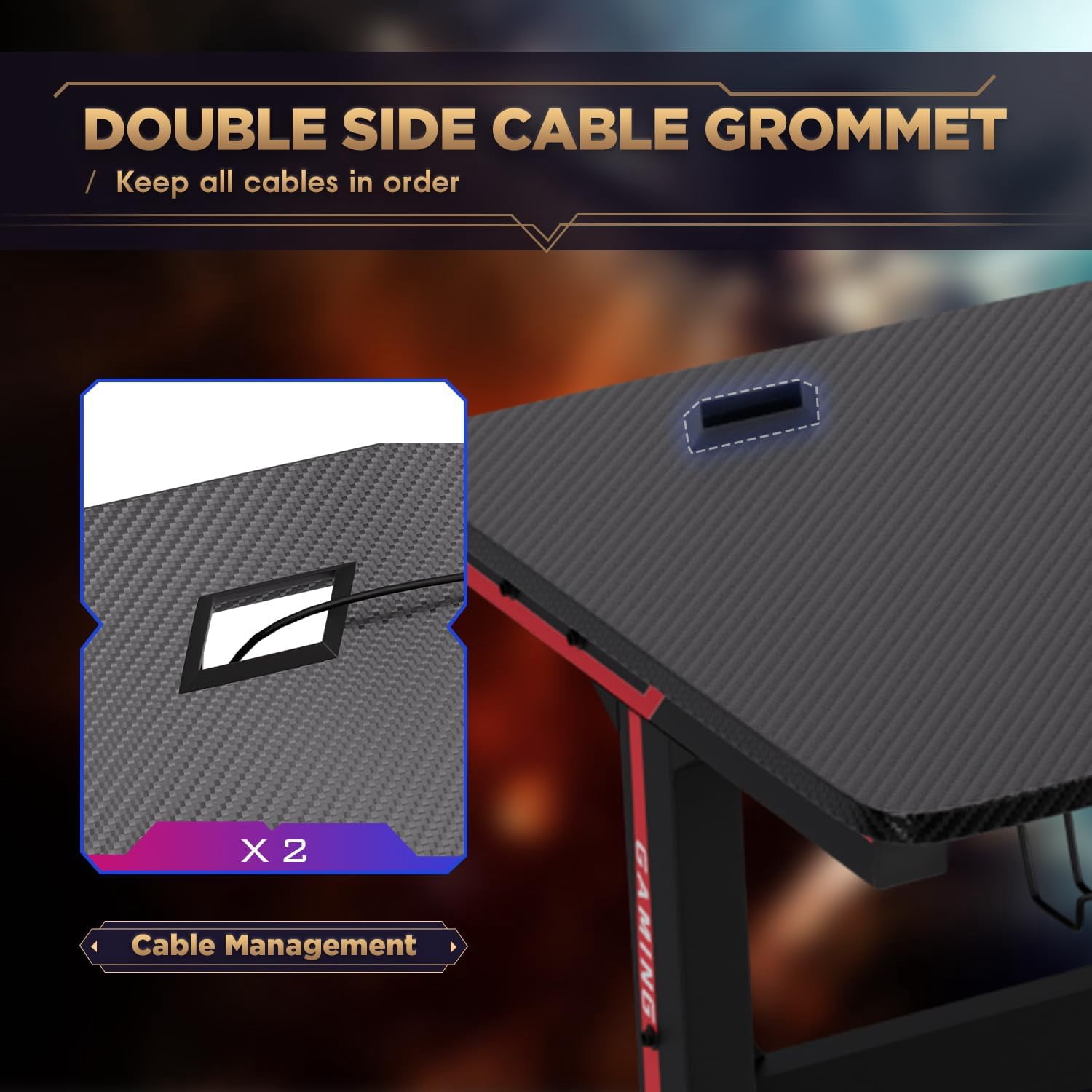 47 Inch Gaming Desk T-Shaped Tabl with Carbon Fiber Surface, Headphone Hook & USB Gaming Handle Rack & Cable Management Hole, Ergonomic Computer Desk for Home Gaming, Office Work, Study, Black