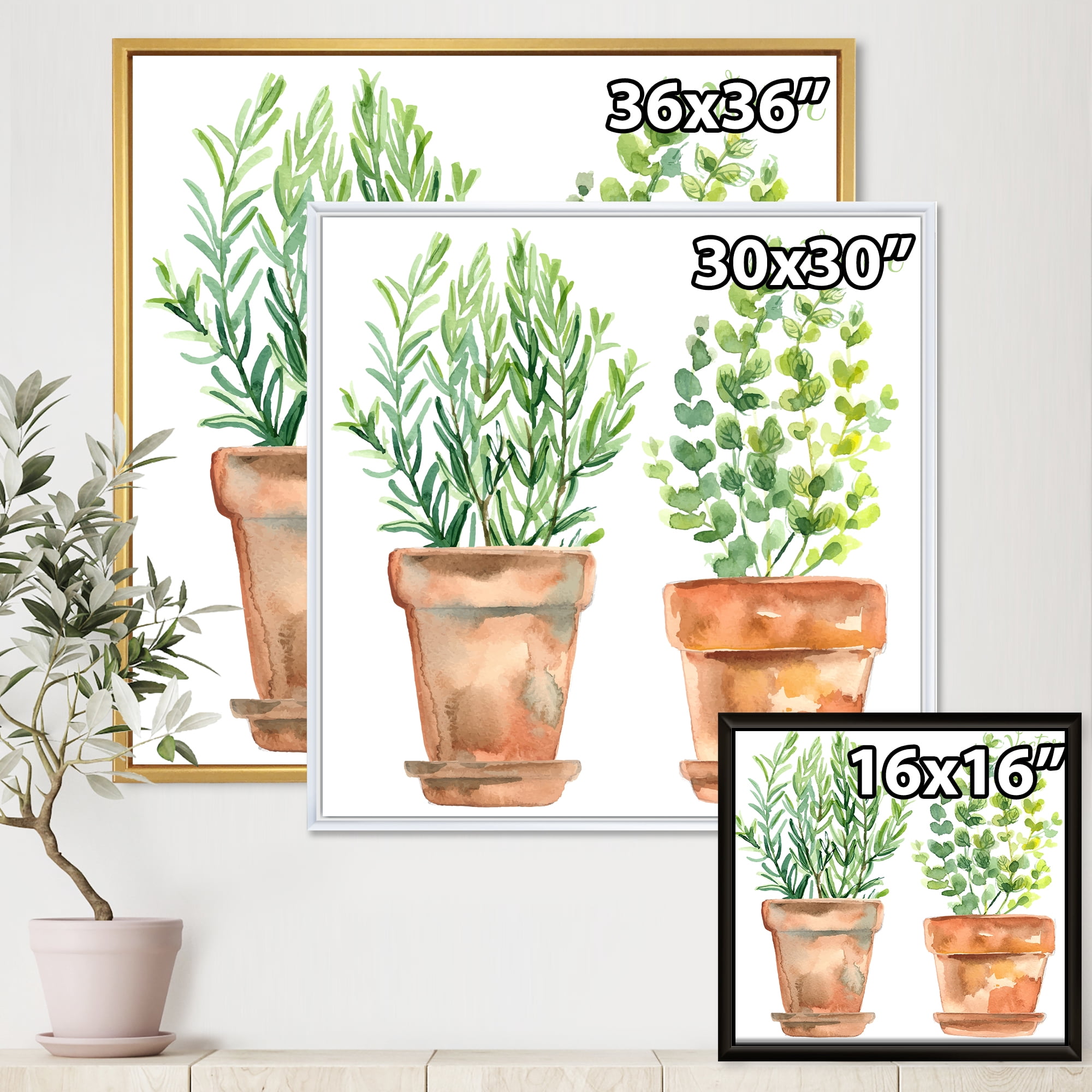 Designart 'Two Green House Plants In Orange Cly Pots' Traditional Framed Canvas Wall Art Print