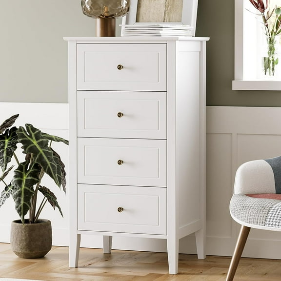 ZDTL 4 Drawer Dresser, White Dresser Antique Chest of Drawers with Solid Frame, Tall Wood Storage Chest Cabinet for Living Room, Bathroom, Entryway, White