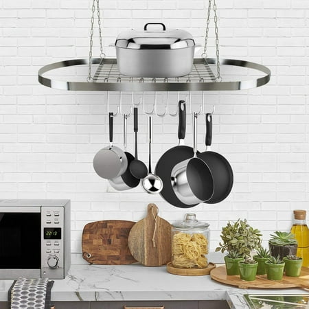 Low Ceiling Oval Pot Rack - Oval Pot Rack Pan Rack for Ceiling with Hooks — Decorative Oval Mounted Storage Rack — Multi-Purpose Organizer for Home, Restaurant, Kitchen Cookware, Utensils, Books, Household (Hanging Chrome)