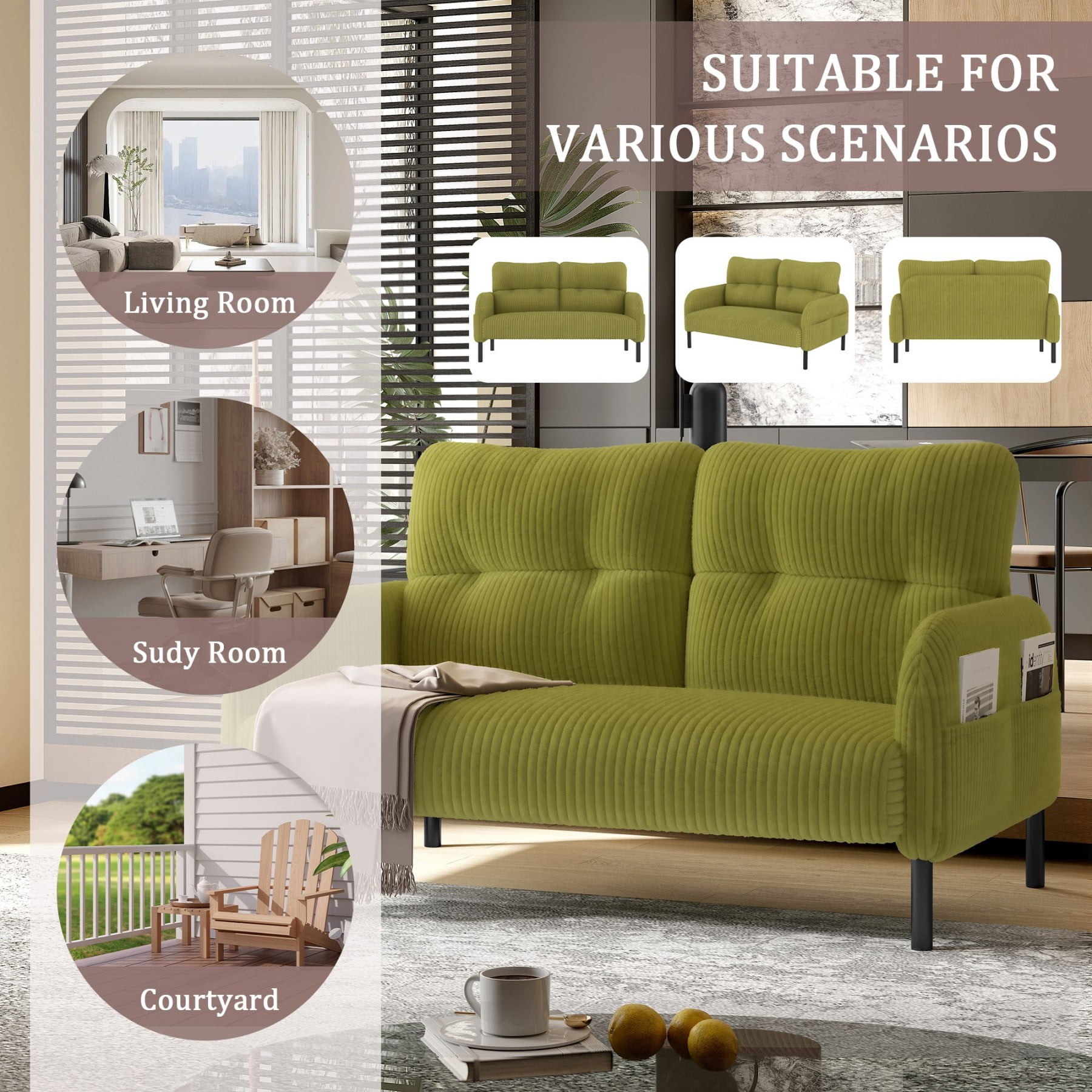 Corduroy Loveseat Sofa, Modern Upholstered Double Sofa Couch with Side Pockets for Living Room Bedroom Apartment, Olive Green