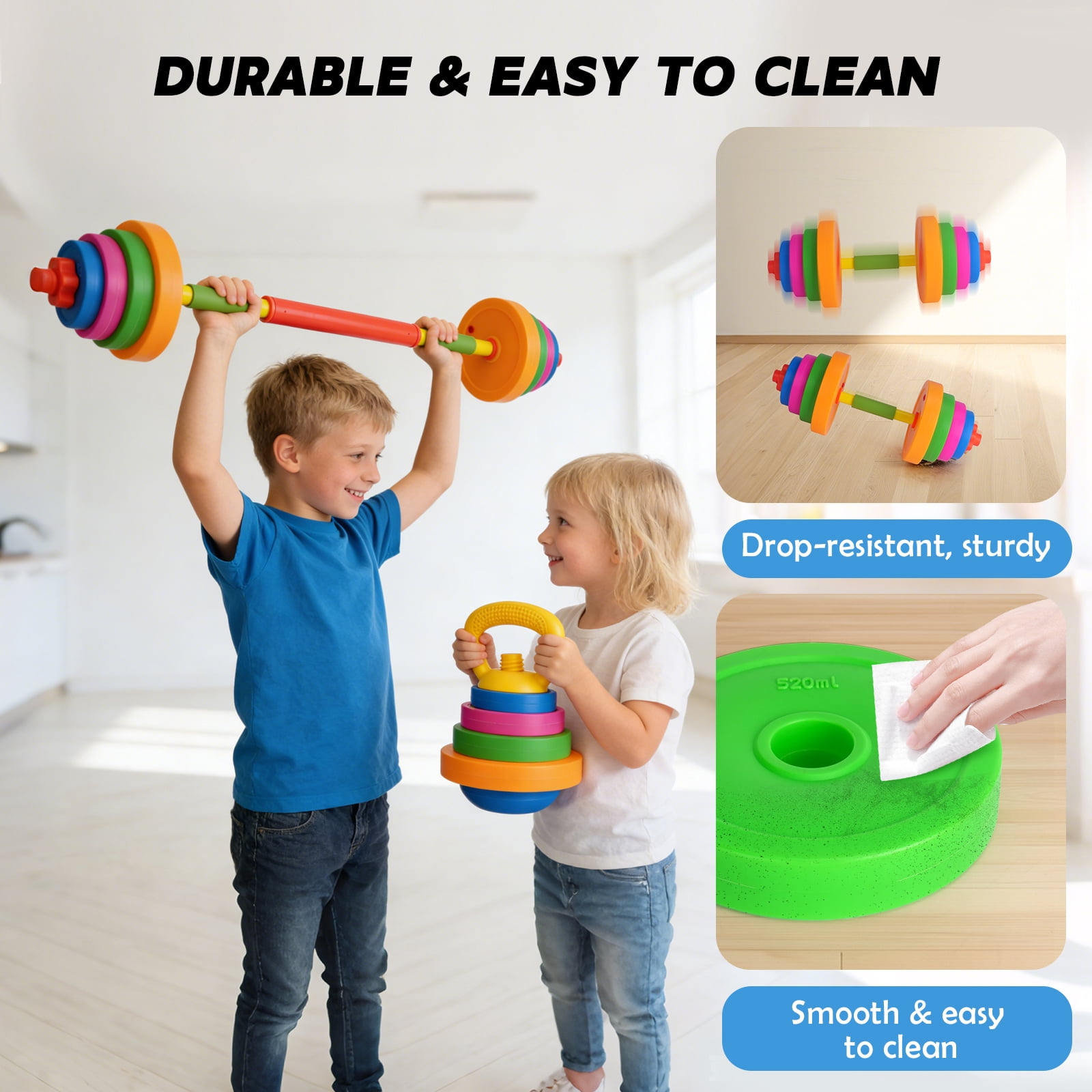AuntyFey 3-in-1 Kids dumbbell Fitness Set with Adjustable Barbell, Kids Gym Equipment for Pretend Play