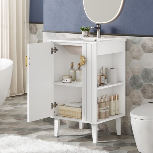 Taoruifang White 20-inch Bathroom Vanity with Ceramic Sink,Freestanding Single Vanity Set with Soft Closing Door, Chic Half-Moon Pulls, French Style