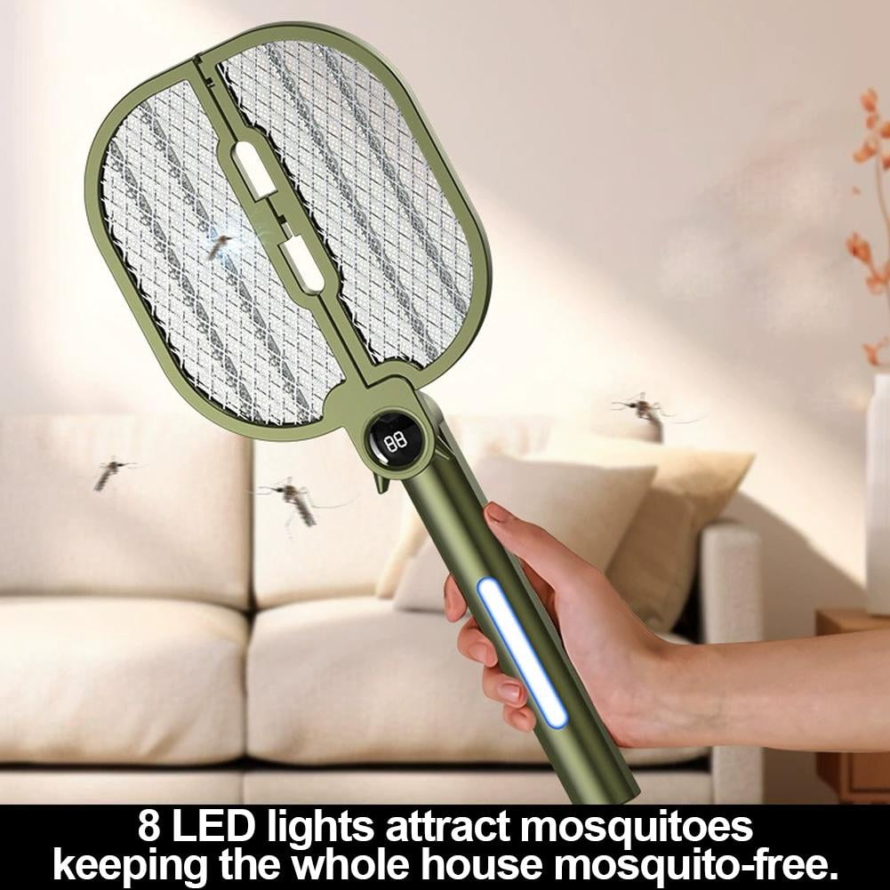 Folding Electric Mosquito Racket 2-in-1 Handheld Bug Zapper & Mosquito Attraction Beads, Lamp, Rechargeable, 8 LED