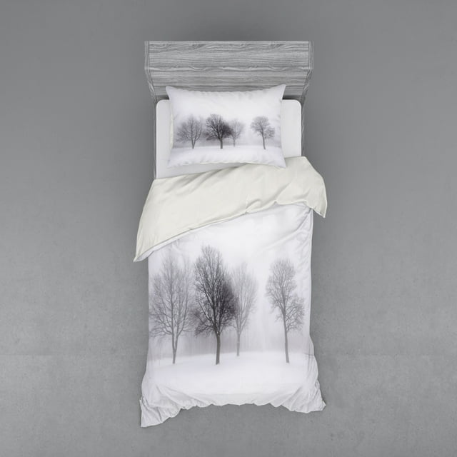 Winter Duvet Cover Set, Foggy Misty Cold Scenery Leafless Tree Branch in Hazy Weather Print, Bedding Set with Shams and Fitted Sheet, 3 Sizes, by Ambesonne