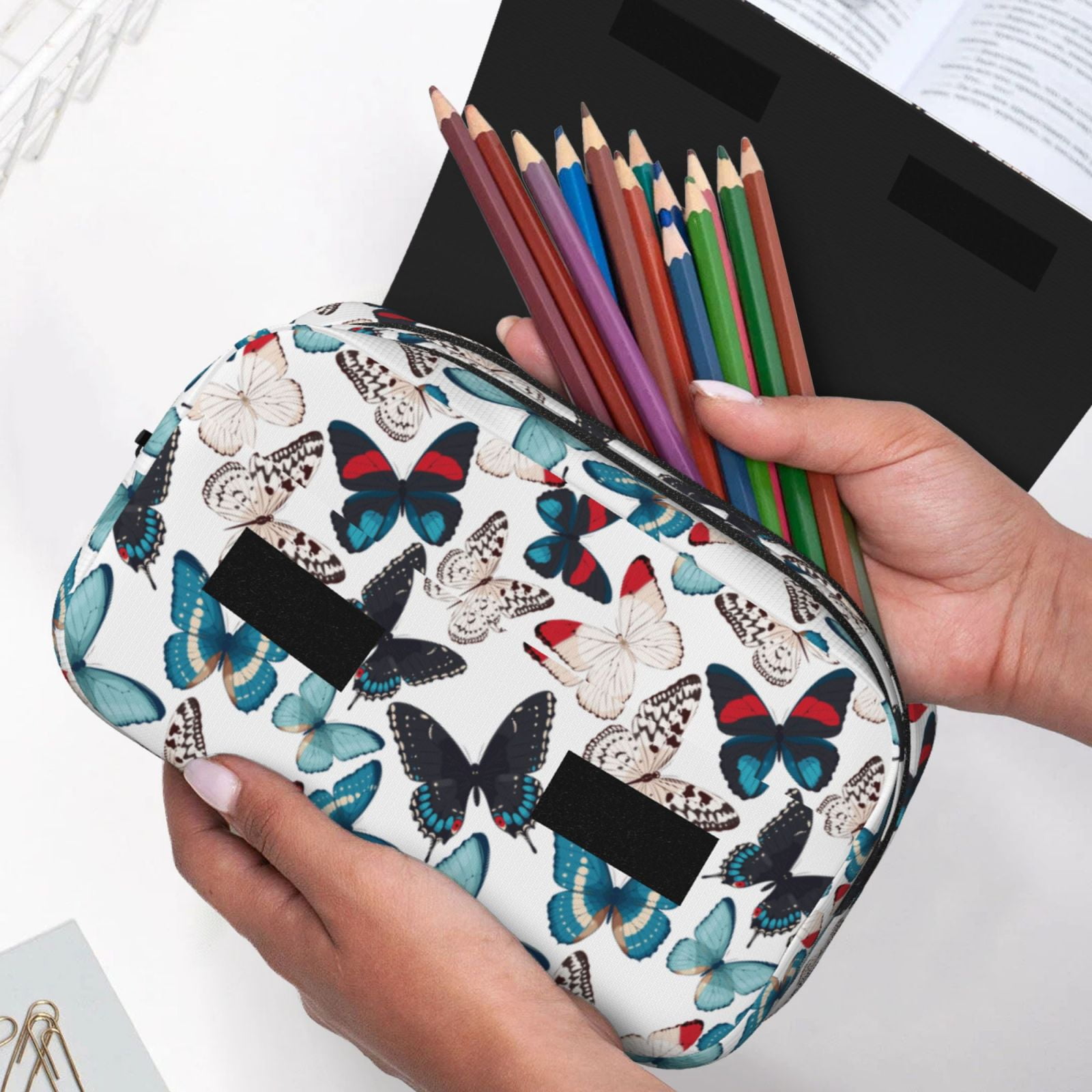 Rateoe Butterfly Pattern Double Clamshell Pen Case, Storage Organizer with Two Zipper Compartments– Holds Up to 50 Pencils & Pens