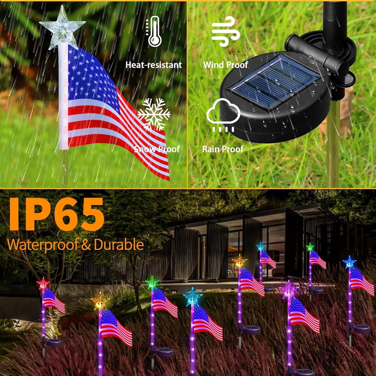 US Flag Solar Garden Lights, 4 Pack 24 LED 7 Color Changing American Flag Landscape Light, 4th of July Outdoor Decor Star Solar Stake Lights for Yard Patio Walkway Pathway