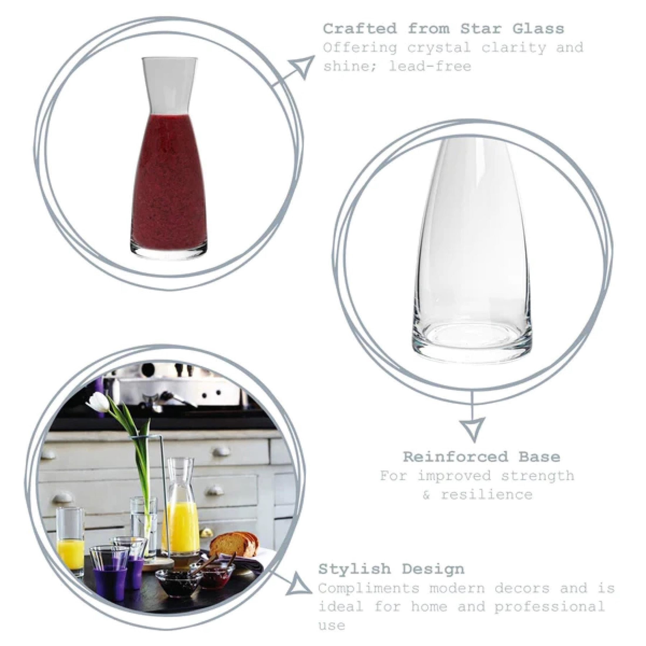 Bormioli Rocco Set Of 2 Ypsilon Carafe, 36.5 Oz. Star Glass Pitcher For Water, Juice, Ice Tea Or Wine, Made in Italy.