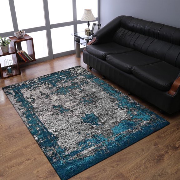 Rugsotic Carpets Machine Made Heatset Polypropylene Area Rugs - 4'X6', Rectangle, Ivory Blue, Abstract Modern Design, High Pile Machine Made Area Rugs For Living Room, Bed Room (Mx0019)