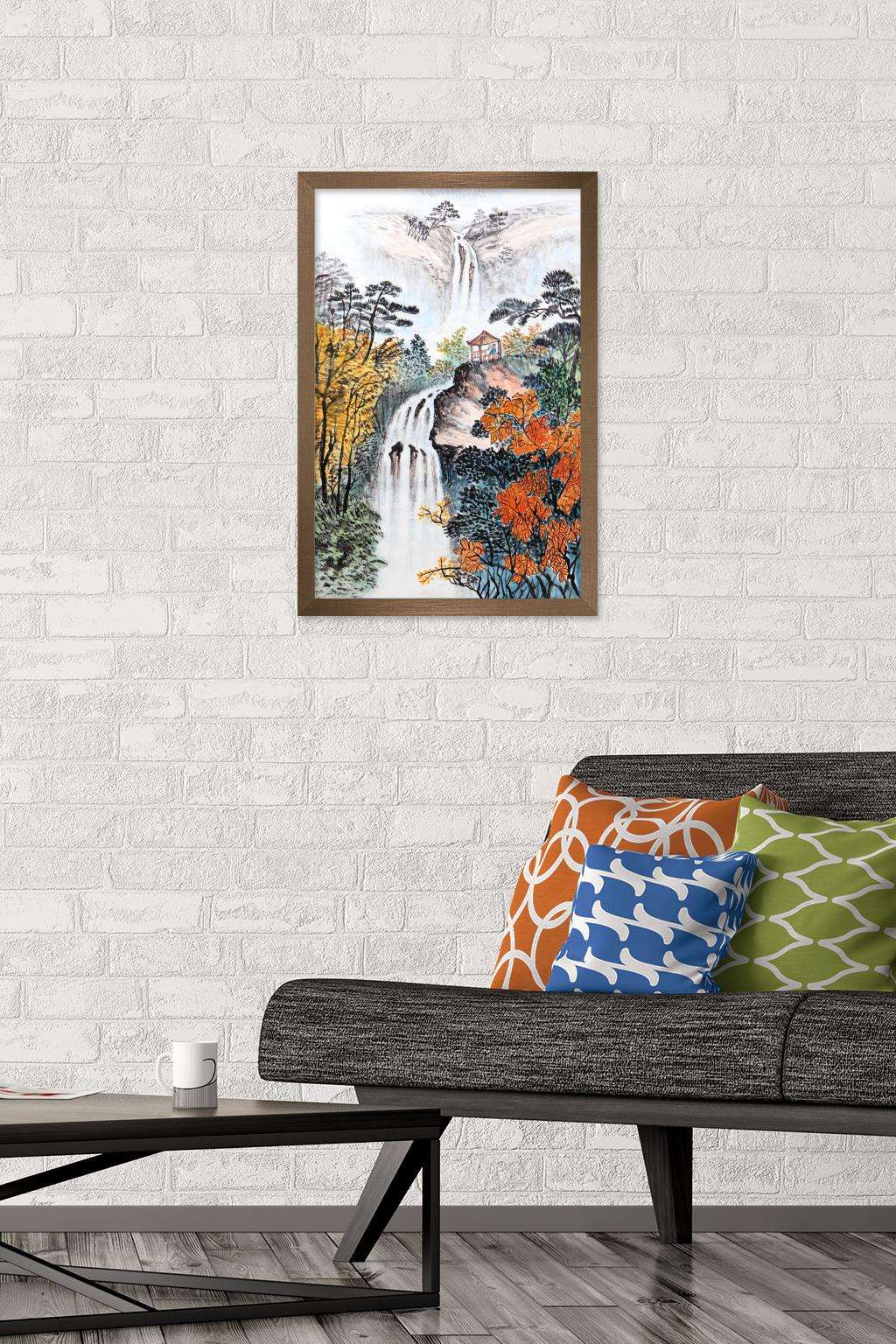 China Landscape with Waterfalls Wall Poster, 14.725" x 22.375", Framed