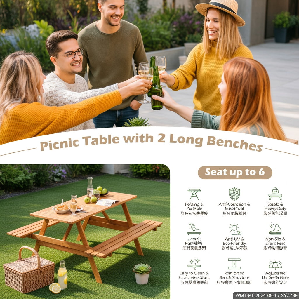 Hommoo 6-Person Outdoor Picnic Table Set with Built-In Benches & Umbrella Hole, Hardwood Rectangular Patio Table for Backyard, Garden, Poolside, Natural