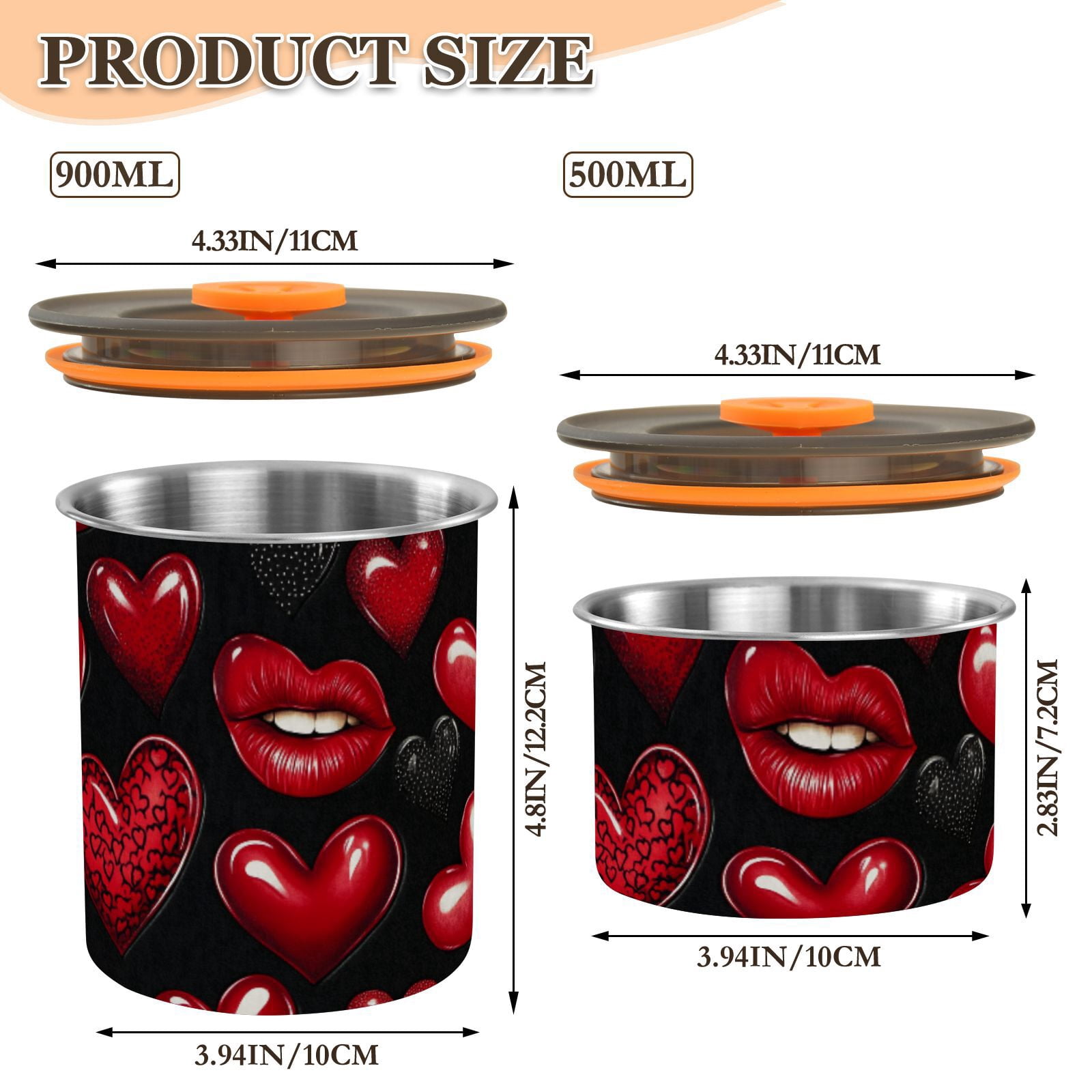 Red Lips Hearts Airtight Coffee Bean Canister 30oz Food Storage Containers with Lids For Gournd, Tea, Sugar, Flour, Rice, Cereal, Candy Cookie Jar