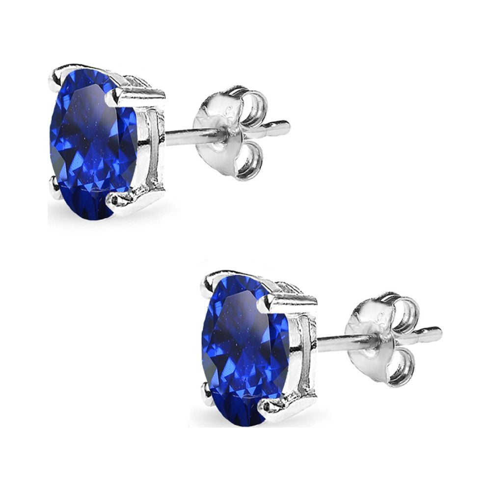 Created Blue Sapphire 6x4mm Oval-Cut Solitaire Sterling Silver Stud Earrings