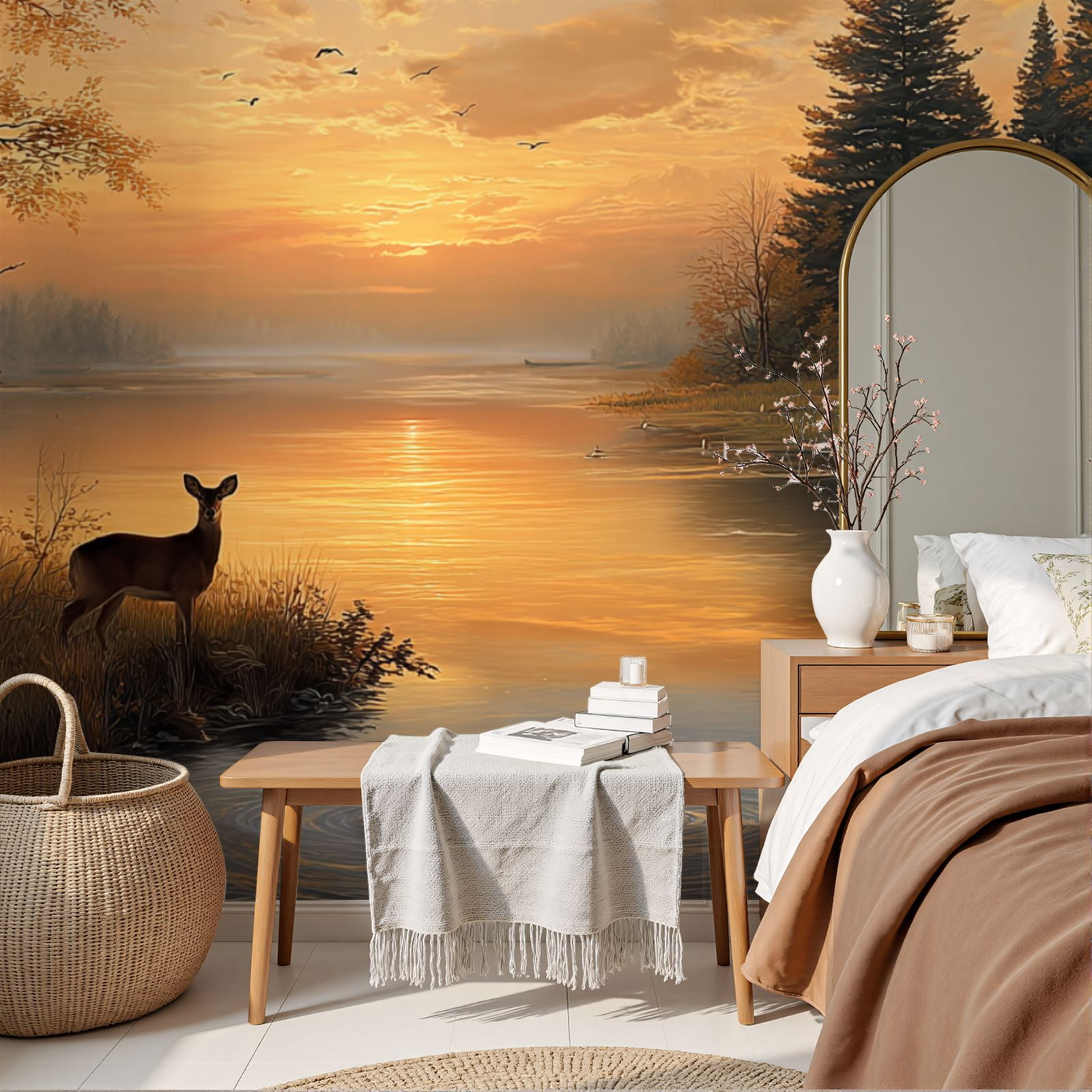 Wallpaper Animal Deer Vintage Wildlife Rustic Duck Cabin Sunset Peel and Stick Wall Murals 69"H x 96"W Removable PVC Wall Paper Self-Adhesive Wall Paintings Art Decor for Bedroom Living Room