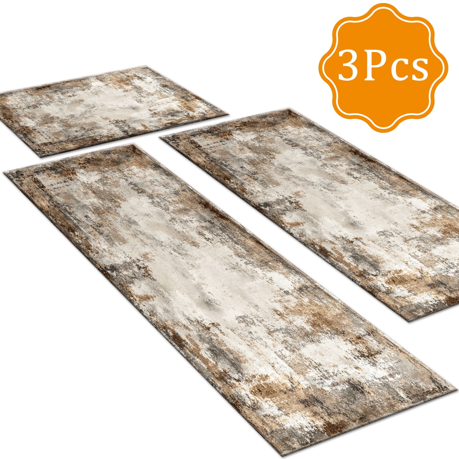 3-Piece Farmhouse Kitchen Rug Set, Washable Anti Slip Striped Floor Mats in 3 Sizes, Stain Resistant Decor Rugs for Kitchen Hallway Bathroom Home Christmas Decor