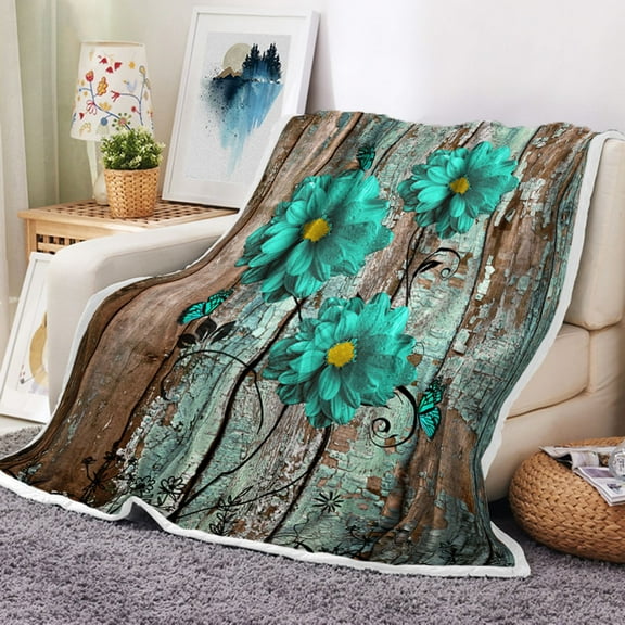 Rustic Teal Floral Throw Blankets, Modern Farmhouse Turquoise Blue Flower on Grey Wooden Warm Fleece Blanket for Couch Bed Living Room, Vintage Country Farm Style Soft Plush Blanket, Beige, 50X60in
