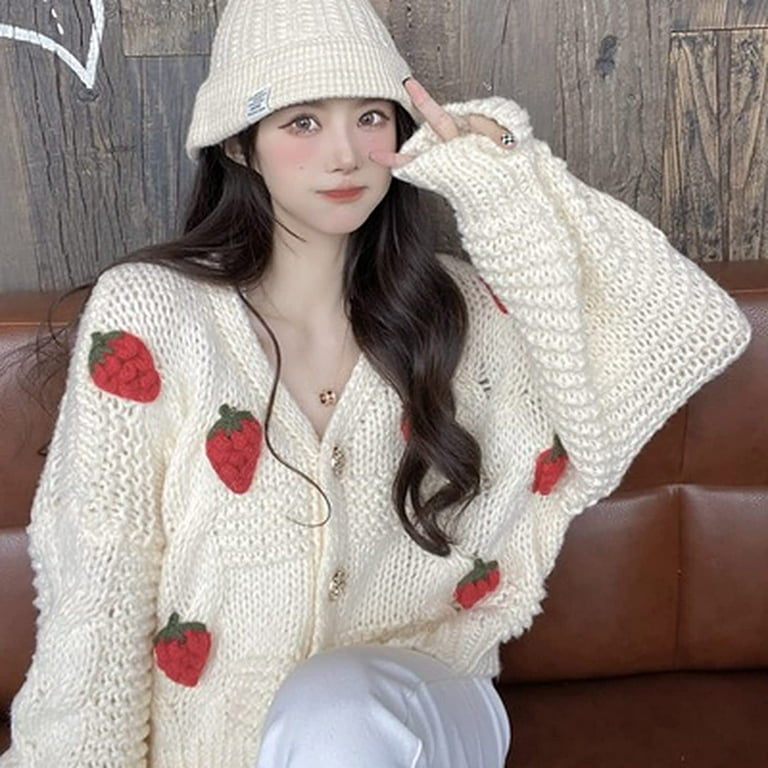DanceeMangoo Women Kawaii Cardigan Kimono Sweater, Korean Preppy Strawberry  Cottagecore Button Down Coquette Aesthetic Sweatshirt Winter