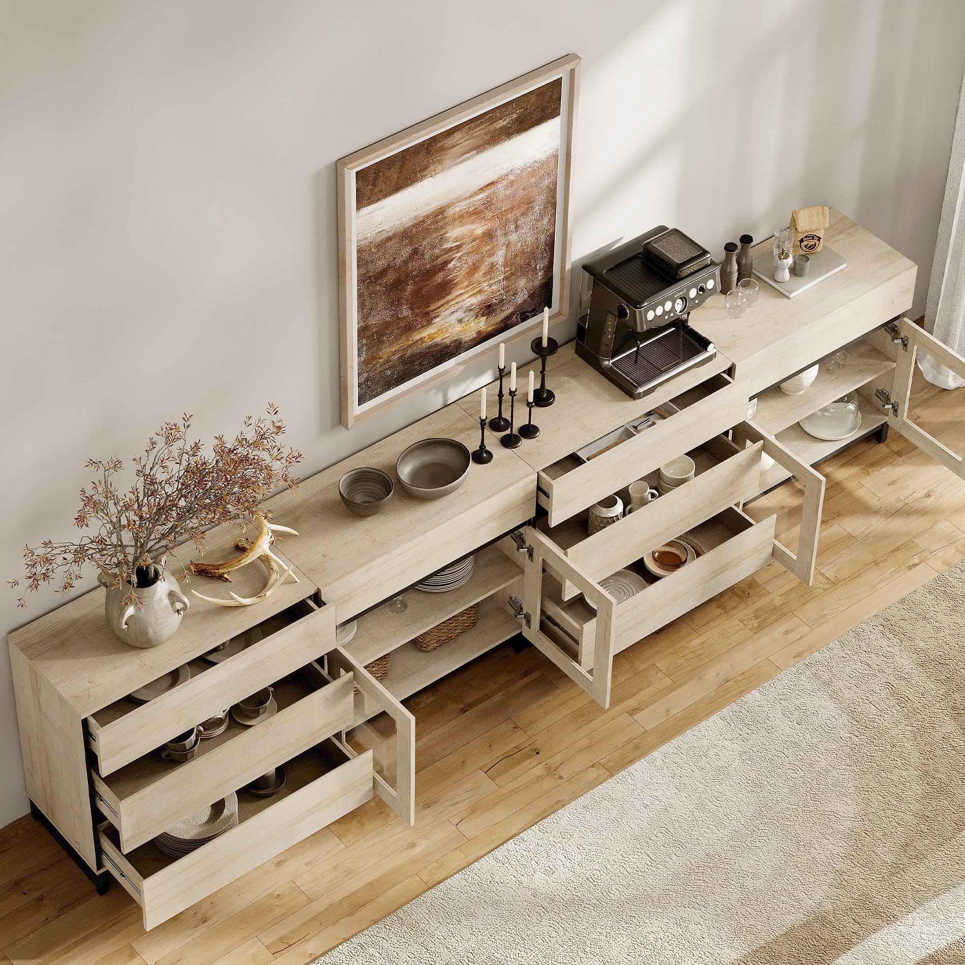 Modern 4-in-1 Sideboard Buffet Cabinet, Storage Credenza with 8 Drawers, Adjustable Shelf and Tempered Glass Doors, Metal Base Coffee Bar Cabinet for Home Decor,Beige