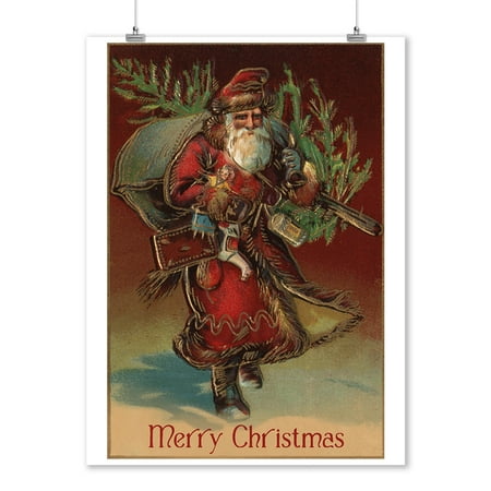 - Merry Christmas - Santa with Gifts - Lantern Press Artwork (9x12 Art Print, Wall Decor Travel Poster)