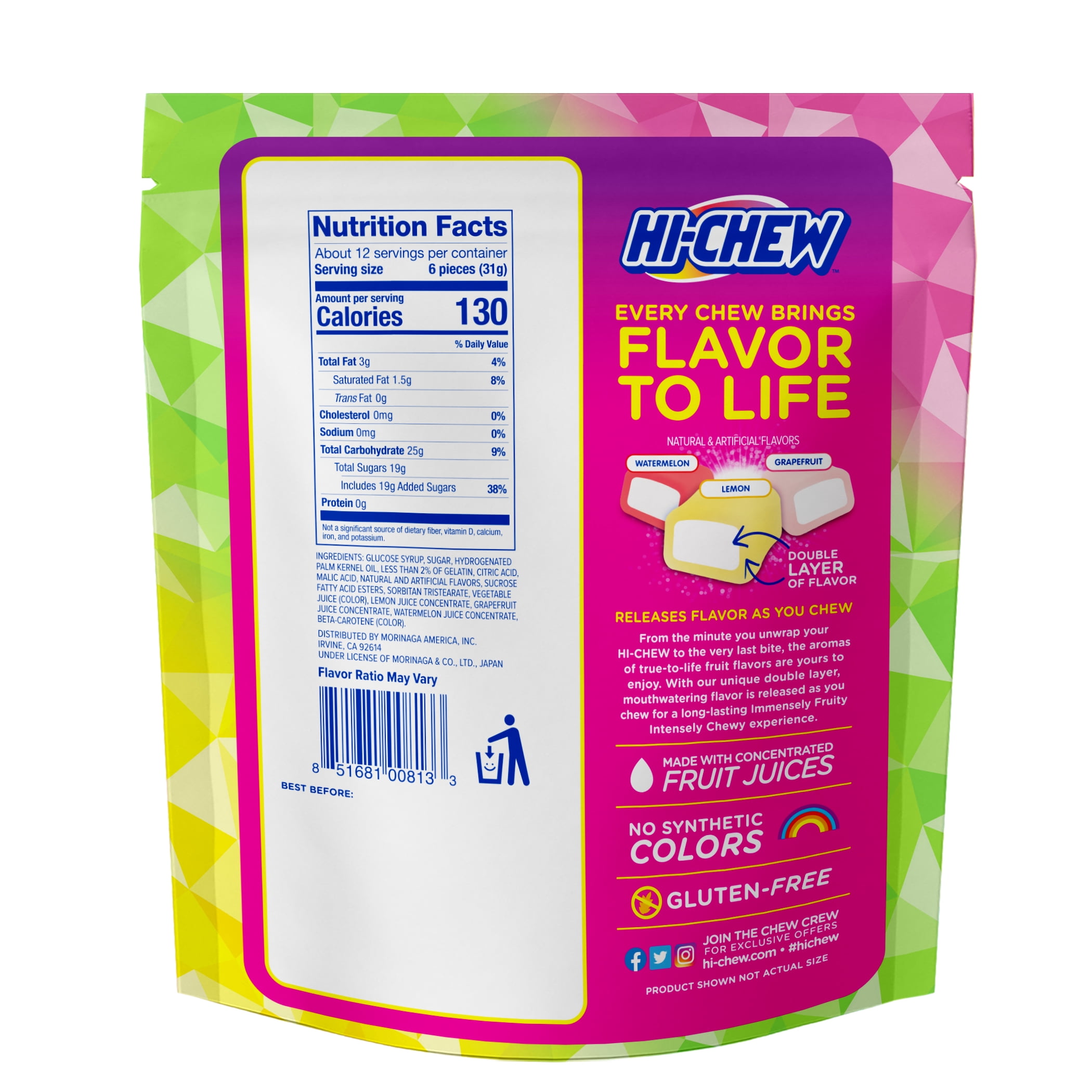 HI-CHEW Sweet and Sour Mix, Watermelon Lemon Grapefruit, 4 Stand Up Pouches, 12.7oz each, Fun Soft & Chewy Candy, Juicy Fruity Candy Flavors - Individually Wrapped for Sharing